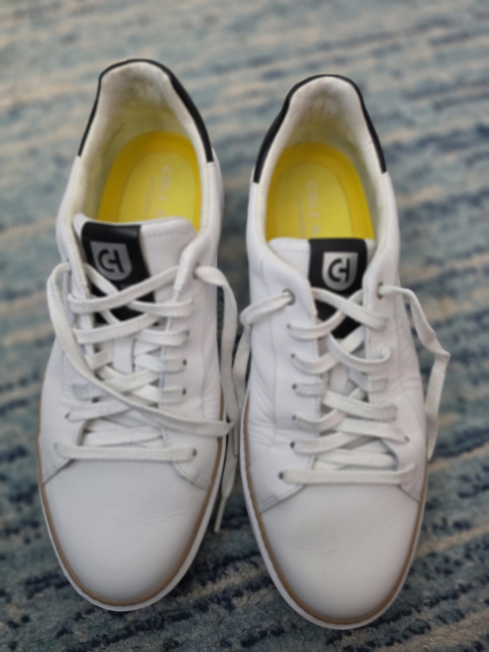Cole Haan White Leather Sneakers with Black Accents and Yellow Insole